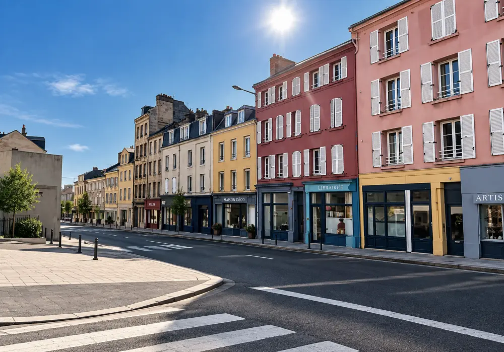 Vue latérale d'une rue urbaine avec des bâtiments colorés à étages et des vitrines de magasins au rez-de-chaussée.