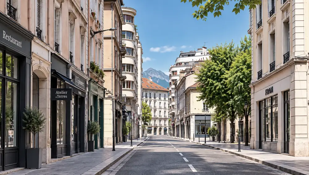 Rue bordée d'immeubles à façades pastel, magasins visibles sur les côtés, arbres alignés à droite, montagne en arrière-plan, ciel bleu clair.