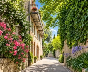 Ruelle pavée flanquée de murs en pierre, avec balcons, volets, et treillis recouverts de fleurs roses et blanches sous un ciel bleu