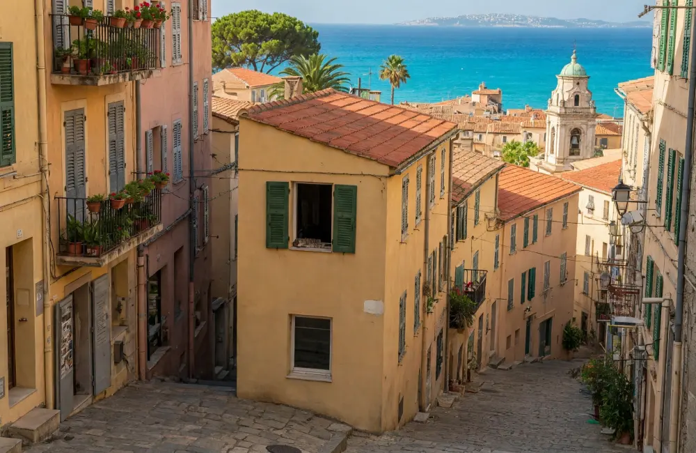 Vue d'une rue escarpée bordée d'immeubles pastel et de balcons fleuris, menant vers la mer turquoise et un clocher à coupole verte.