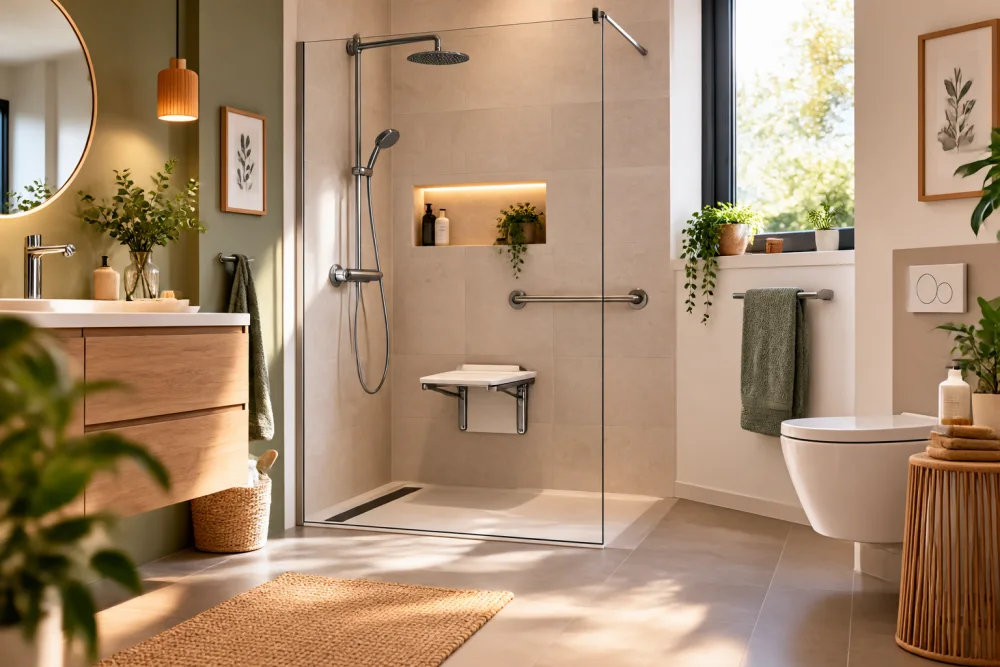 Salle de bains lumineuse avec meuble en bois à gauche, douche vitree centrale et plantes près de la fenêtre
