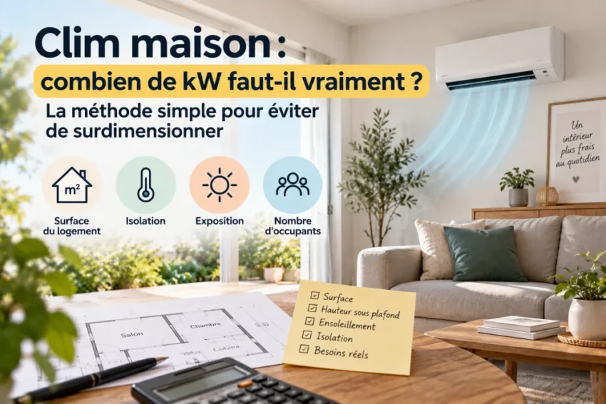 salon lumineux avec climatisation murale projetant de l'air bleu sur un canapé beige, plantes et notes sur la table