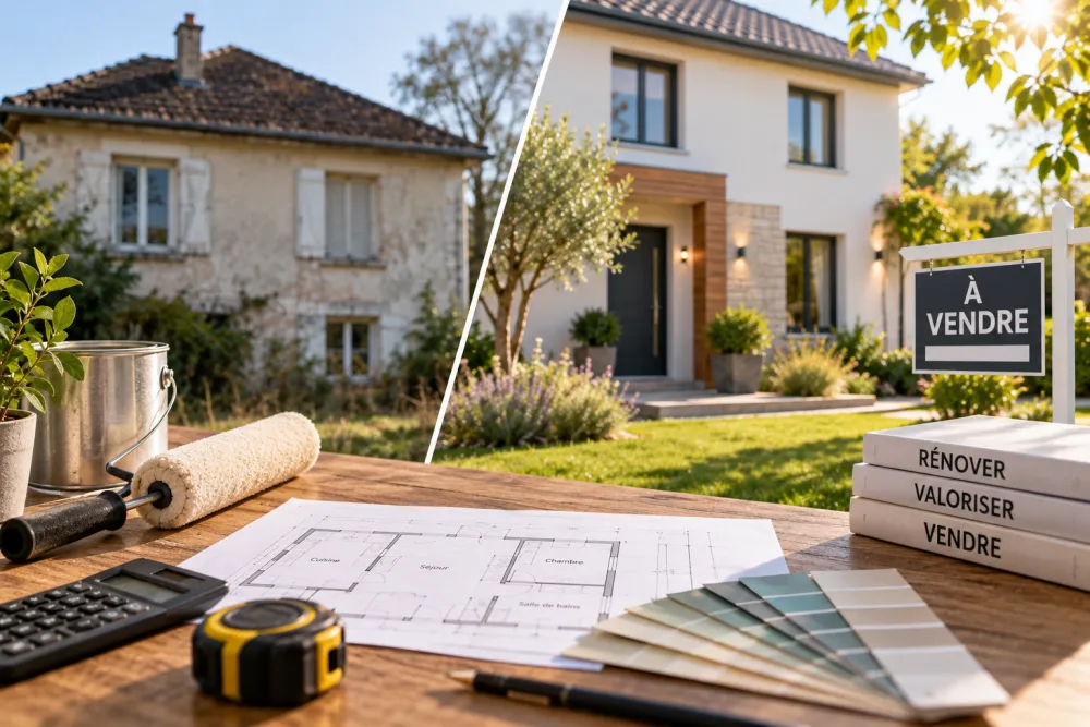 Premier plan: table en bois, plan, rouleau et calculatrice; en arrière, ancienne à gauche et moderne à droite avec panneau À VENDRE.