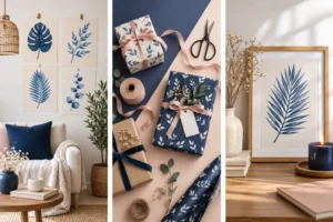 Salon douillet: mur orné de quatre affiches bleues, canapé clair, plantes vertes, et centre de table avec cadeaux emballés.