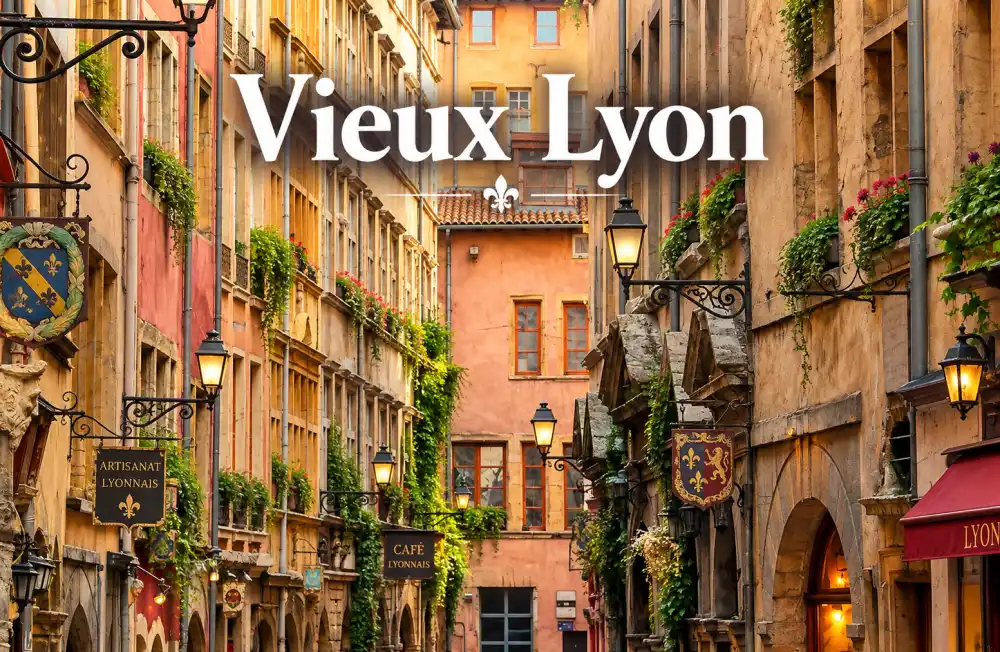 Ruelle pavée bordée d'immeubles colorés avec balcons et jardinières, lanternes lumineuses et enseignes de cafés et artisanat