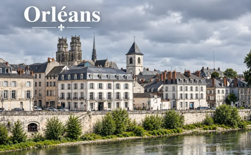 panorama dune rive urbaine avec maisons blanches, toits gris et clocher central sous un ciel nuageux