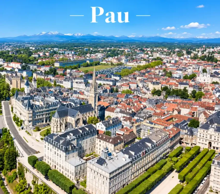 Vue aérienne montrant un centre-ville dense avec une grande cathédrale au centre, toits rouges et montagnes à l'horizon sous un ciel bleu