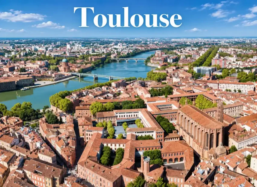 Vue aérienne d'une ville dominée par des toits rouges, une rivière traversée par plusieurs ponts, et le mot blanc Toulouse en haut.